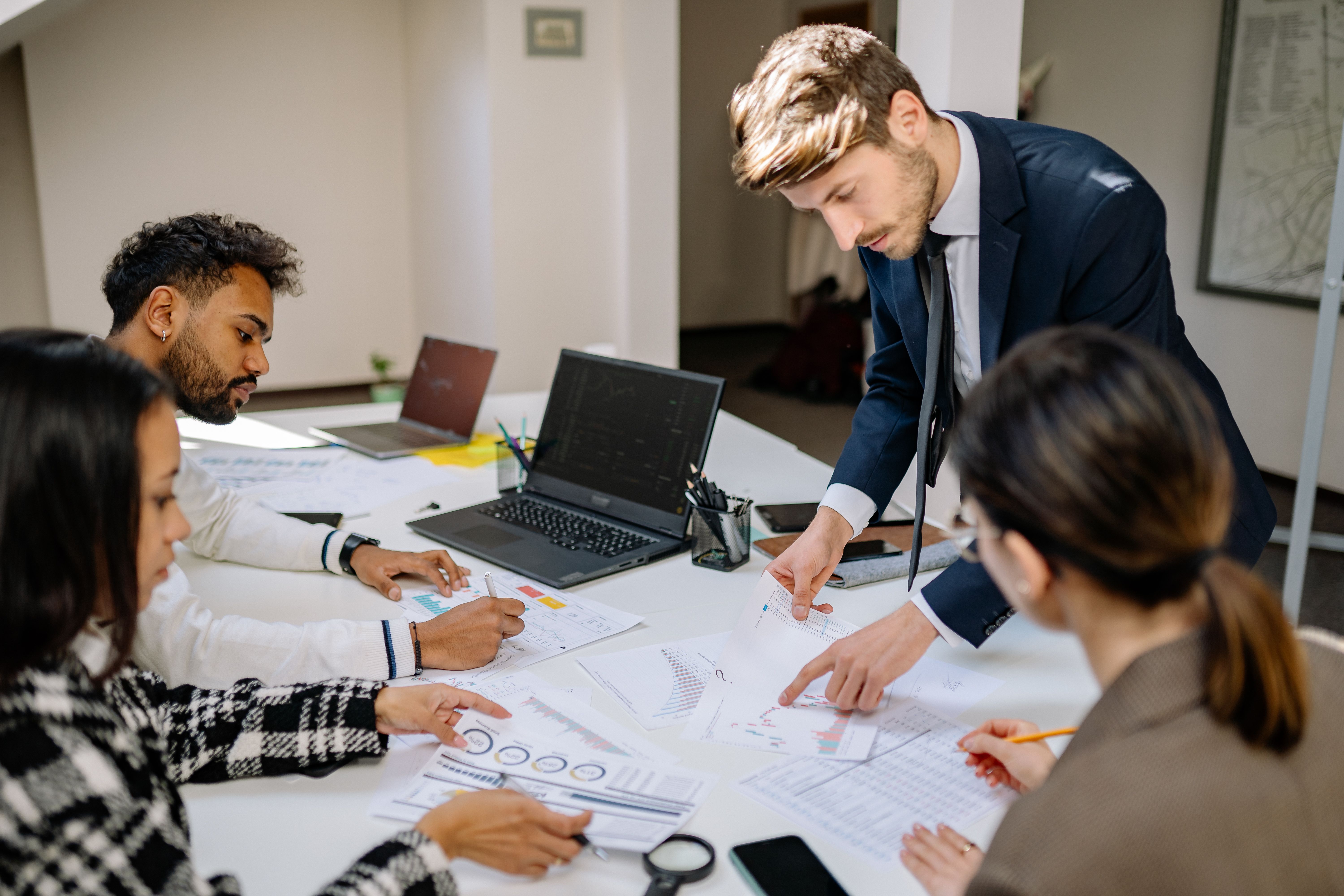 Evidence-led strategy workspace with charts, documents, and decision materials.