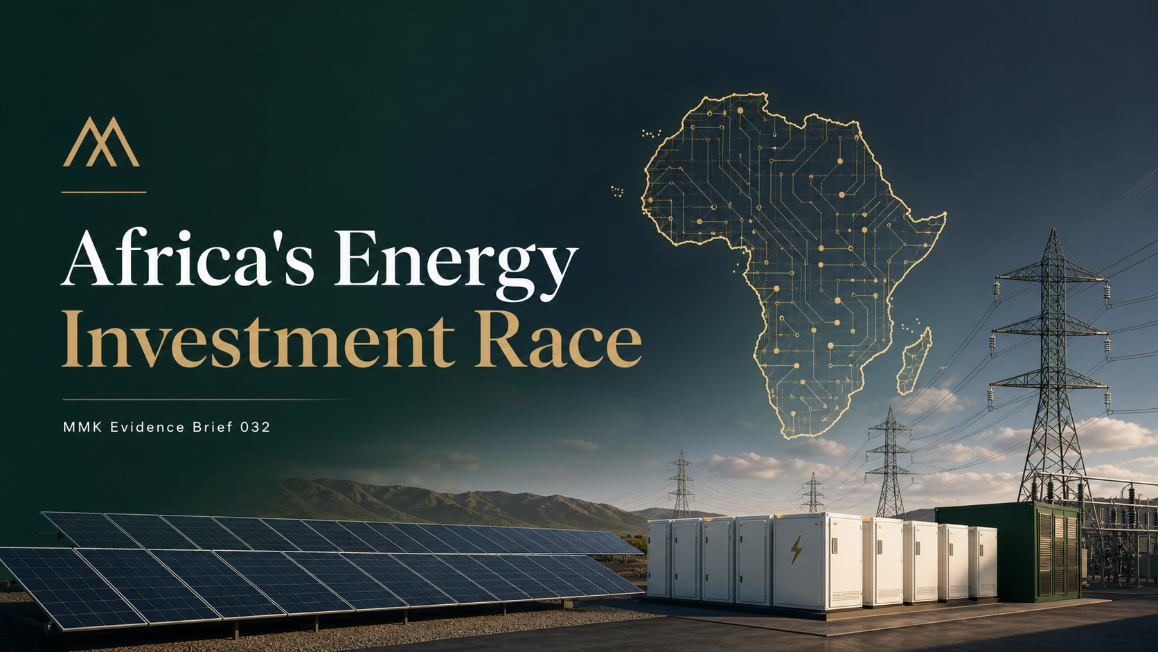 Africa's energy investment race with solar panels, grid towers, battery storage and a gold circuit-map of Africa.